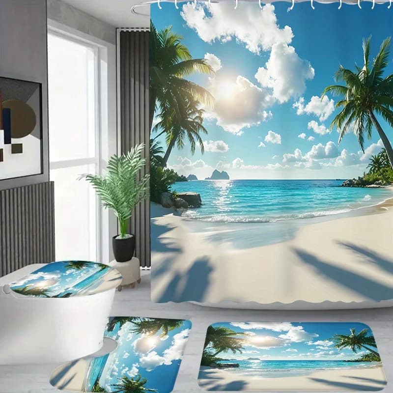 4pcs Tranquil Tree And Ocean Pattern, Apartment Bathroom, Shower Curtain, Hotel Shower Curtain Set, with 12 Hooks, Bathroom, Toilet Lid And U-Shaped, Bathroom Additions, Four-Piece Shower Curtain Set