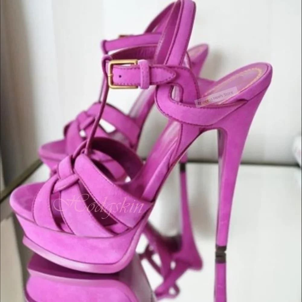 Cinghie con nodo Sandali in pelle scamosciata Fibbie con plateau Tacchi a spillo Sandali solidi Donna Nuove scarpe sexy Scarpe casual da festa di lusso estive