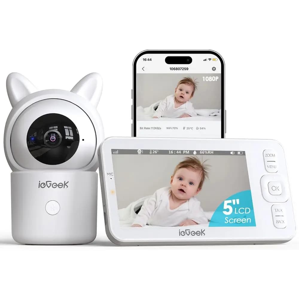 Baby Monitor Video HD 5 Pollici con Audio, Telecamera 1080P, App Intelligente, Visione Notturna, PTZ, Audio Bidirezionale, Avvisi di Tracciamento Automatico