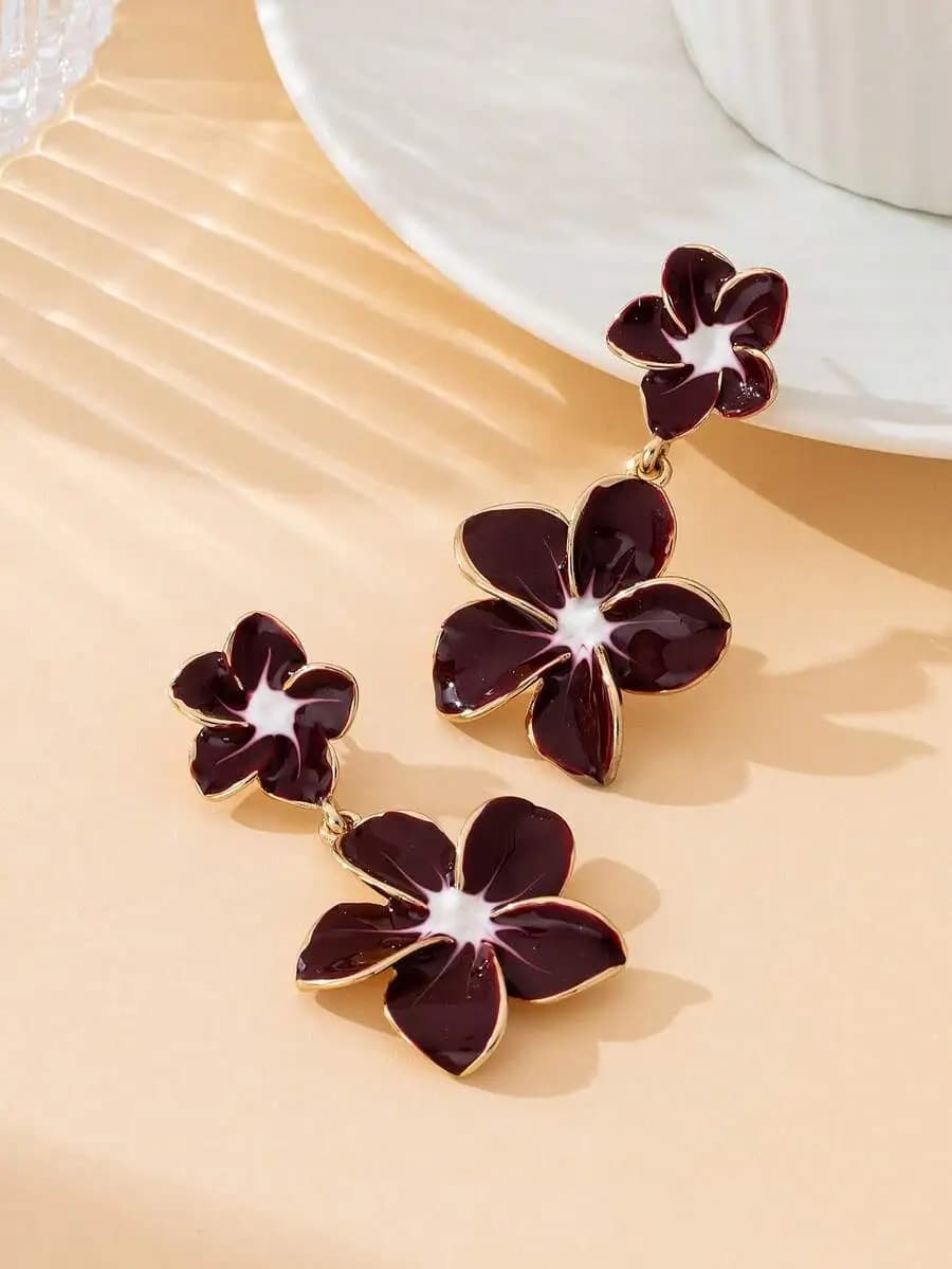 Burgundy Enamel Layered Hibiscus Flower Drop Earrings For Women