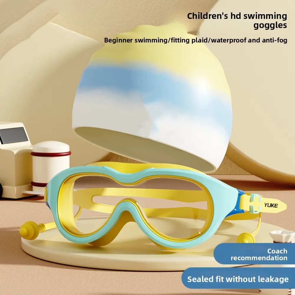 Unisex Large Frame Swim Goggles with Ear Plug Anti Fog Swimming Goggles PC Glass Wide View Diving Goggles Set Water Sports
