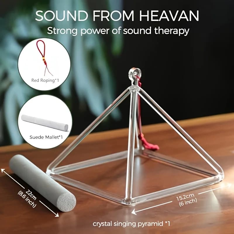4in Transparent Quartz Crystal Pyramid Singing Bowl, Natural Crystal Sound Bowl for Yoga & Meditation, Comes with Mallet and String, Spiritual Relaxation Tool & Yoga Studio Decor