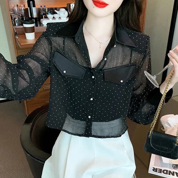 Camicia Estiva da Donna Nuova Moda in Chiffon Sottile con Protezione Solare, Design Corto e Trasparente, Colletto e Maniche Lunghe