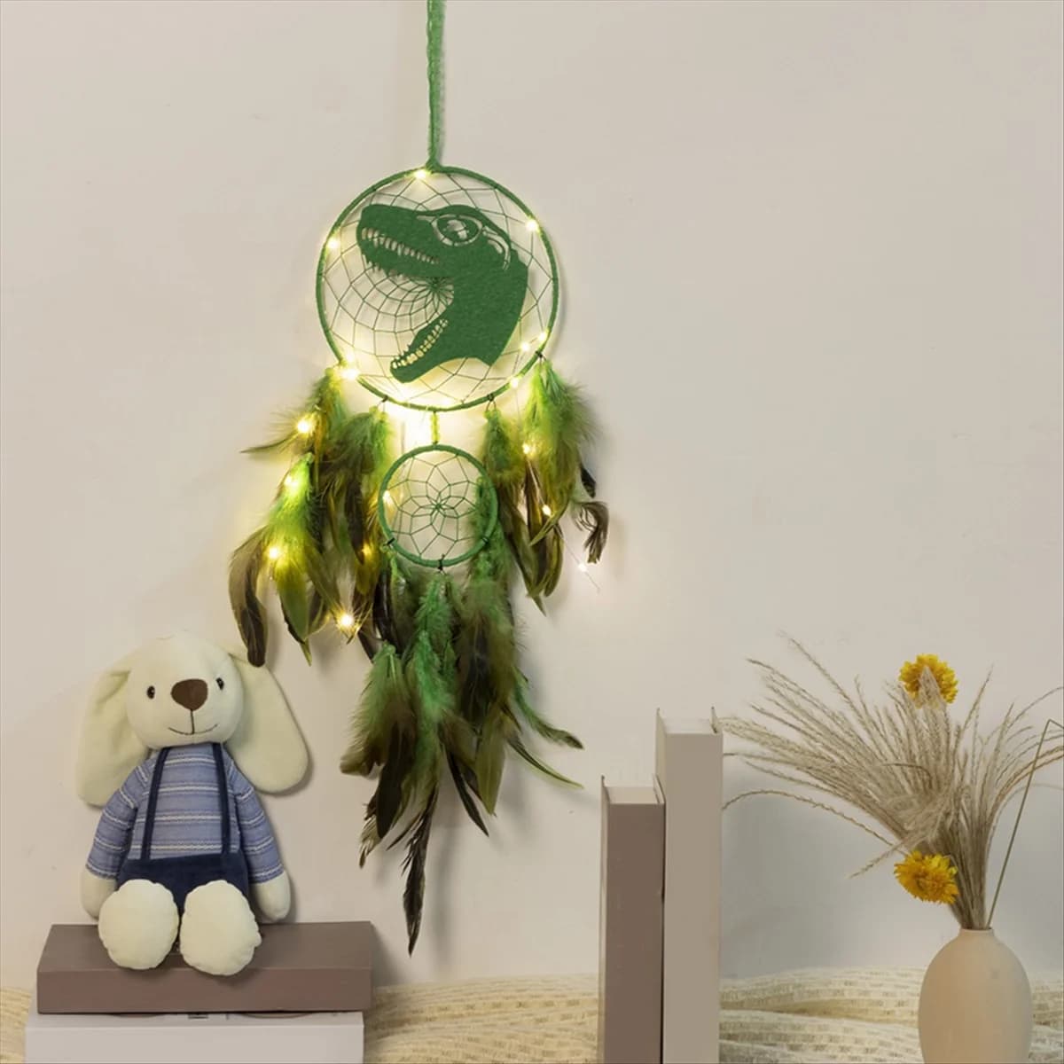 Acchiappasogni con dinosauro, acchiappasogni con piume con luce a LED, decorazioni per la casa fatte a mano da appendere alla parete con doppio anello