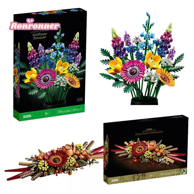 Set di Blocchi da Costruzione 3D con Rose Artificiali, Orchidee e Fiori Selvatici in Vaso, Decorazione Floreale 'Amore Eterno', Regalo di Compleanno Fai-da-Te