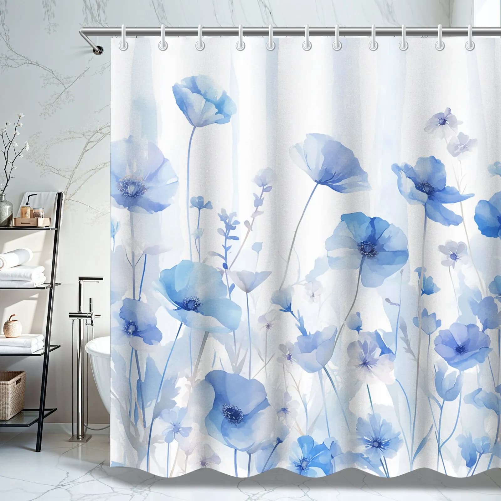 Tenda da doccia in PEVA floreale blu: design addensato, senza foro, facile installazione, include 12 ganci, elegante arredamento per il bagno