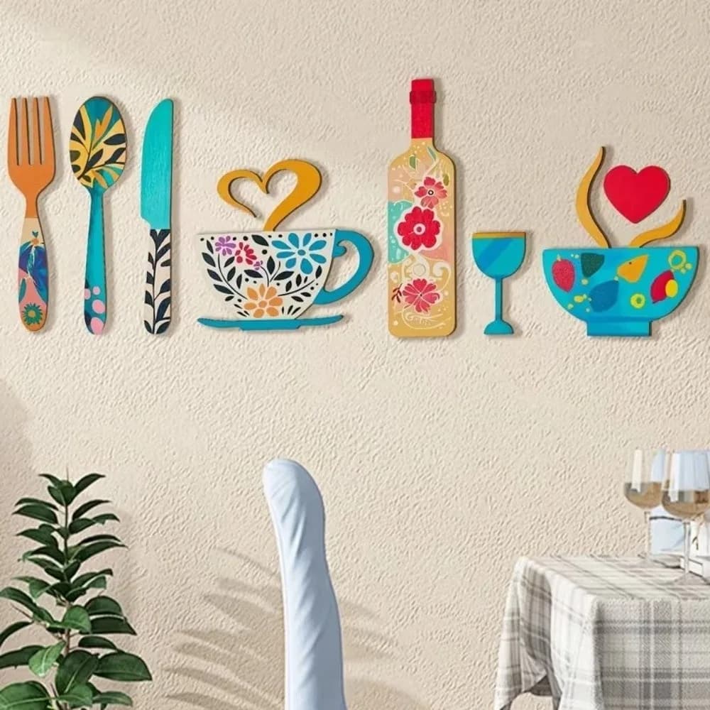 8PCS/SET Wood Floral Kitchen Utensil Pendant Rustic Self-adhesive Wall Art Decals Decorative Coffee Cup Wall Sticker Restaurant