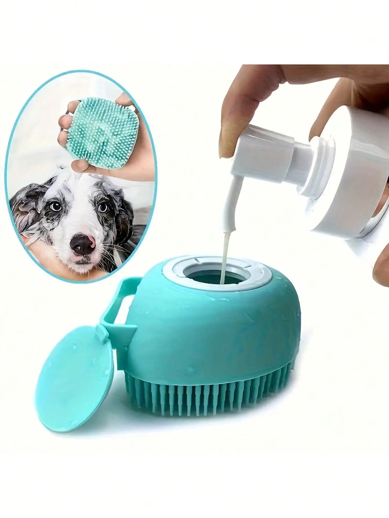 Spazzola per il bagno degli animali domestici con setole massaggianti, dispenser di shampoo integrato, design facile da pulire per cani e gatti
