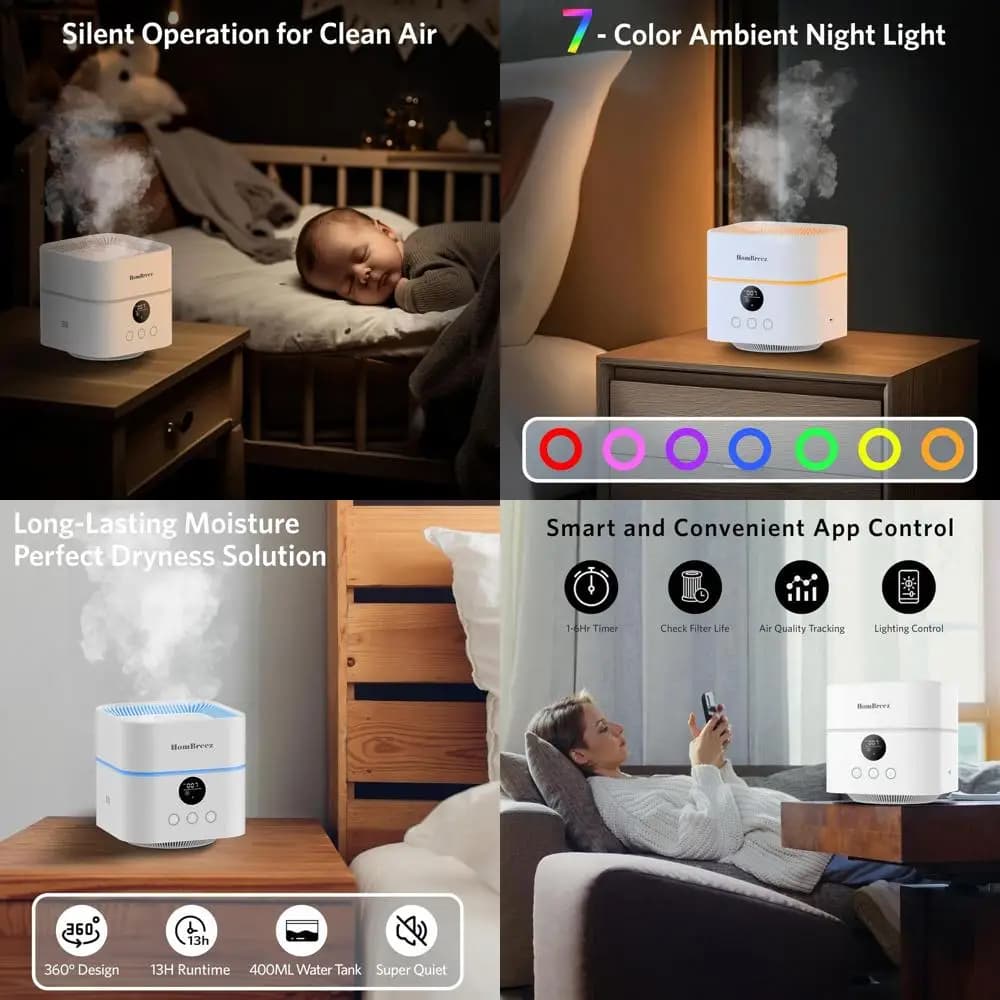 Purificatore d'aria True HEPA con umidificatore, copertura di 200 piedi quadrati, serbatoio da 500 ml, nebulizzazione silenziosa, diffusore di oli essenziali, adatto per camere da letto