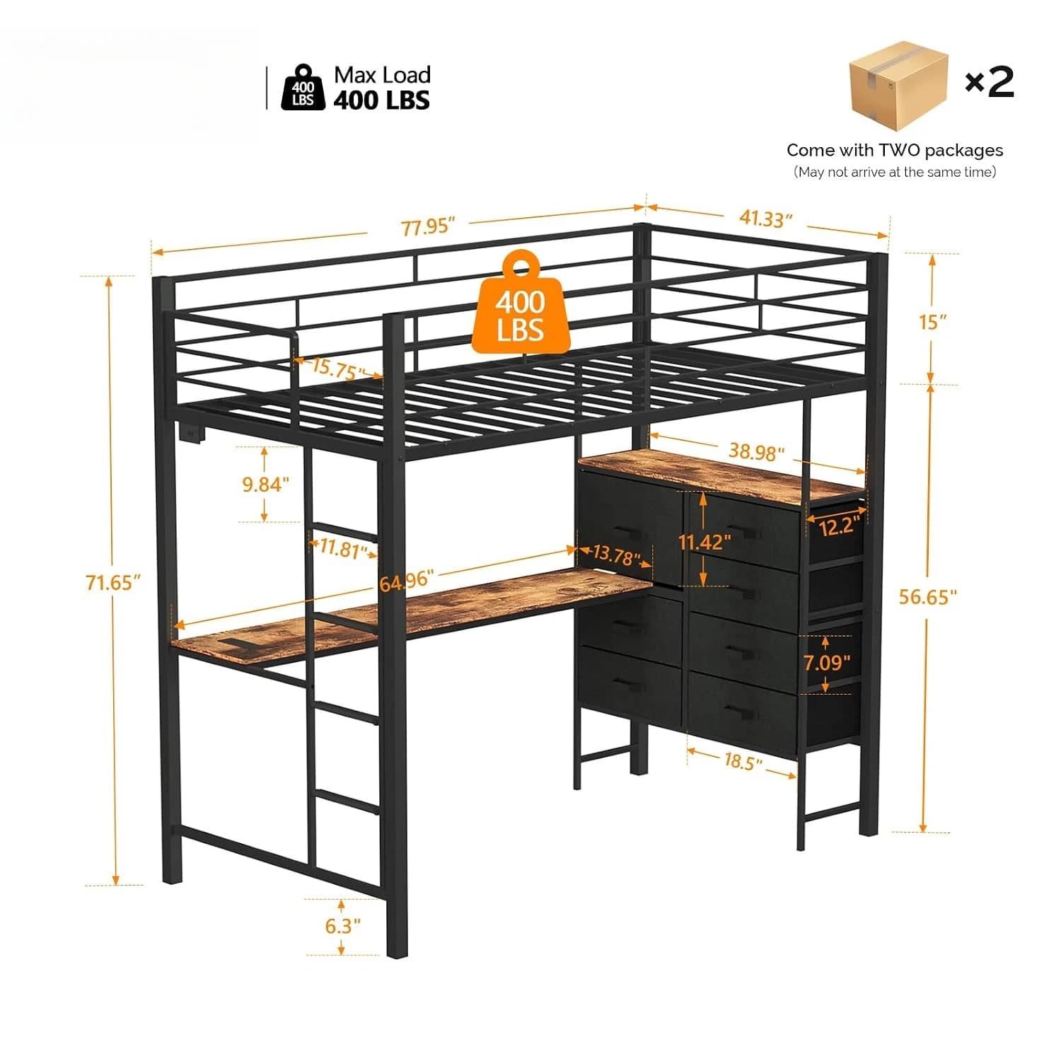 Twin Metal Gaming Loft Bed with Desk, Dresser, RGB LED Lights & Dual Power Outlets, Customized