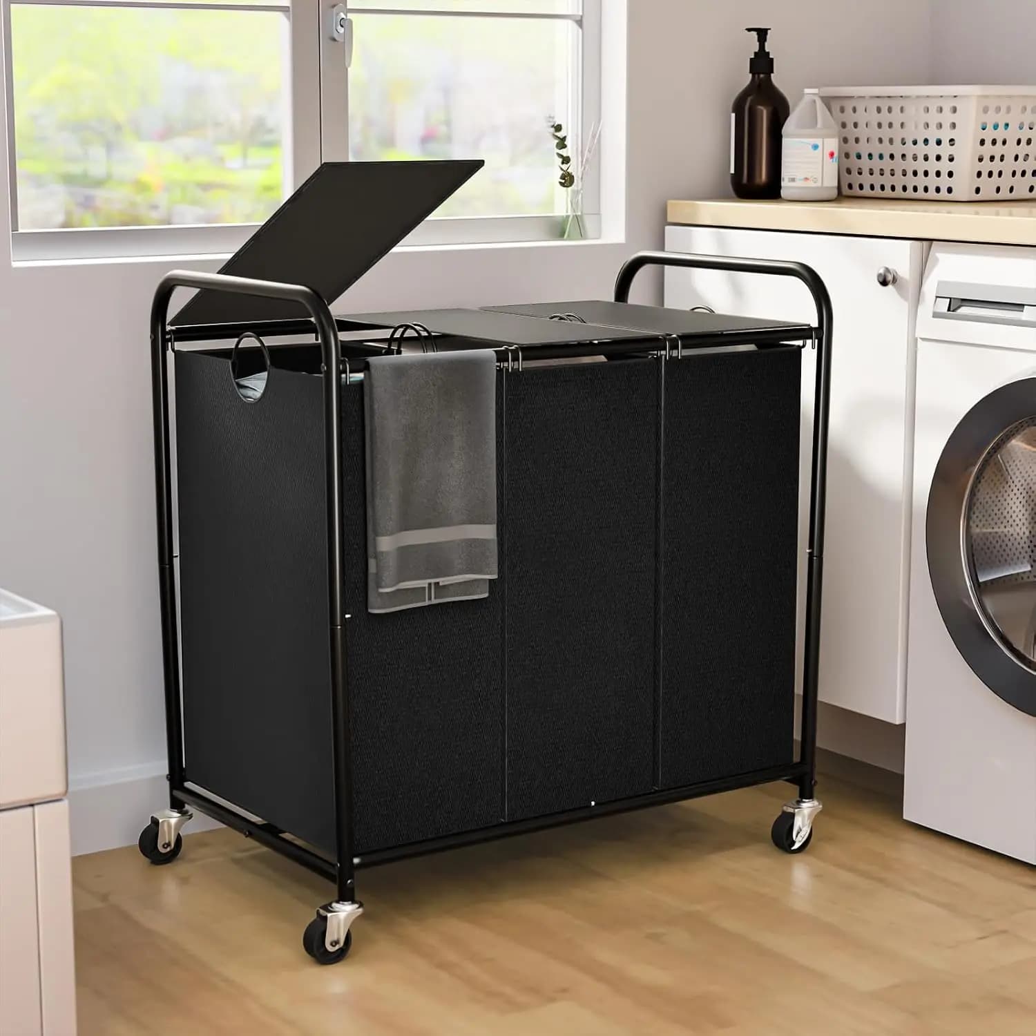 180L Block Wheels, 3 Removable Bags and Covers for Easy Clothing Organization, Black