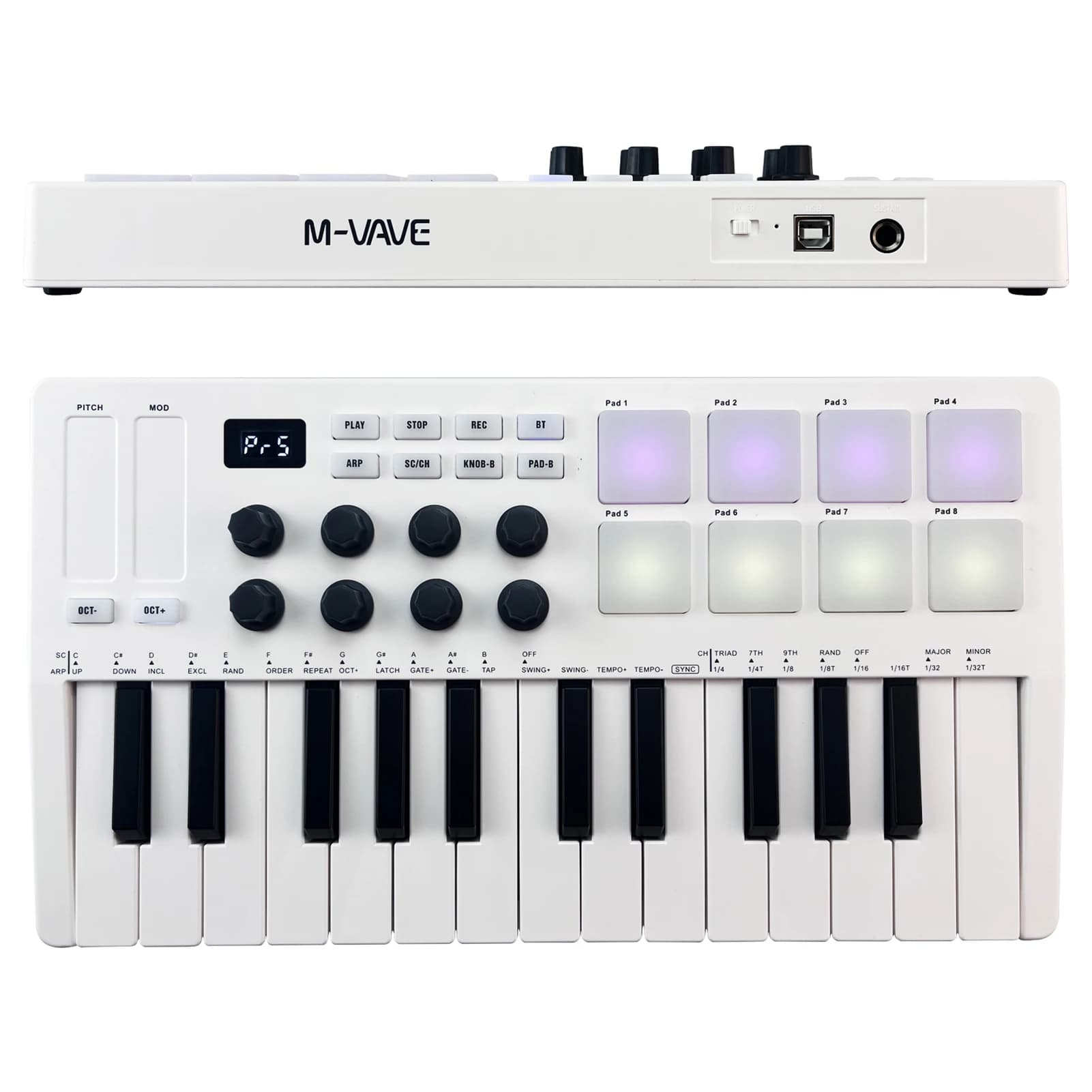 Mini MIDI Keyboard 25 Velocity Sensitive Keys Support Wireless With 8 RGB Drum Pads Control Console