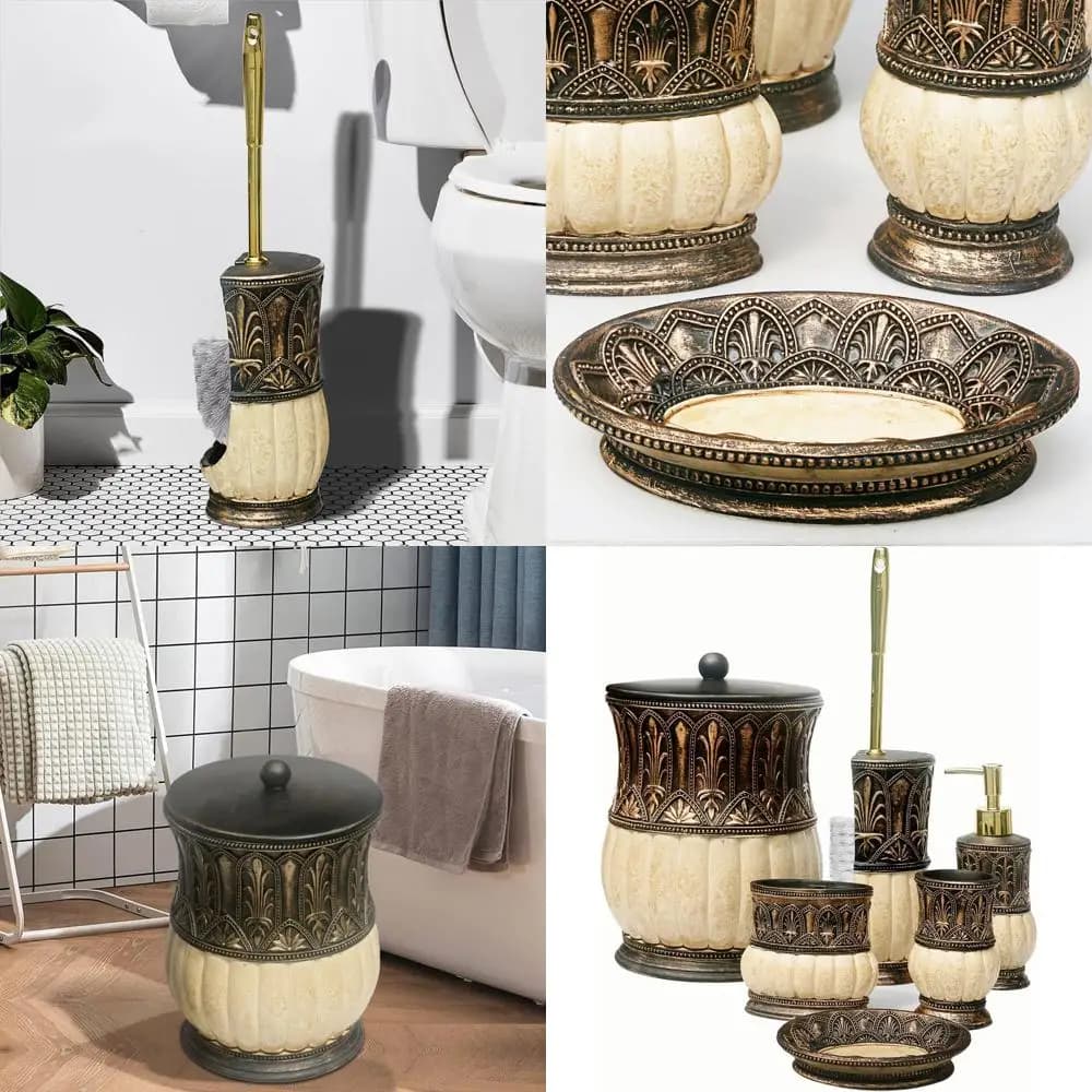 Set di Accessori Bagno Rustici a Tema Zucca da 6 Pezzi: Cestino, Bicchiere, Porta Spazzolino, Portasapone, Dispenser, Scopino per WC