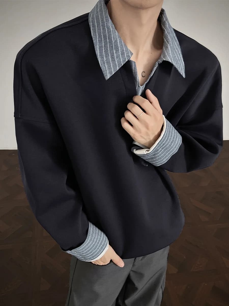 American Retro Striped irt Collar Fake Two-Piece Sweatirt Men Casual f Open Front Zipper Hoodie Autumn Loose Fit Polye...