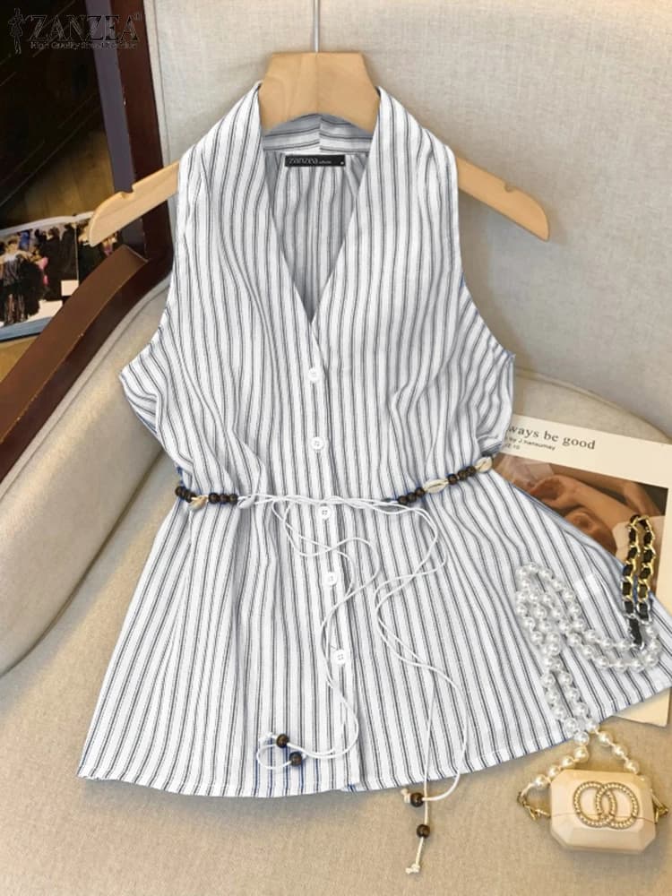 Fashionable Office OL Shirts ZANZEA Summer Sleeveless Striped Sleeveless Top Women's Elegant Work Shirt with V Neckline Random Camis 2025