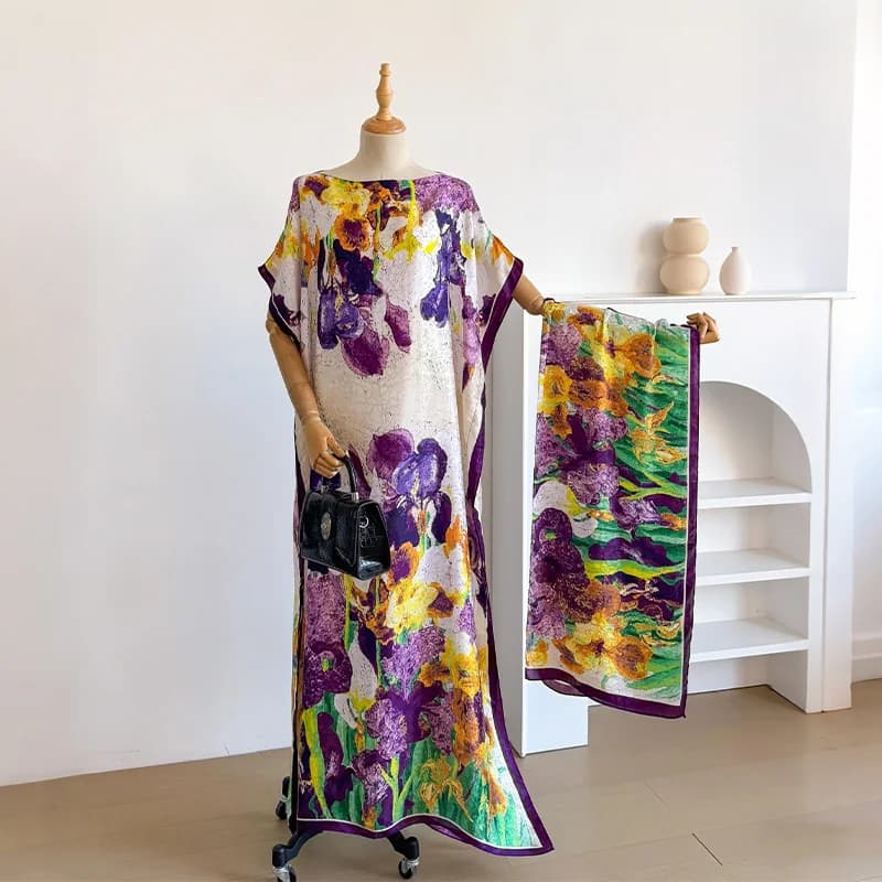 Dress Kaftan Woman with Big Scarf, Abaya Muslim Larga, African Casual Dress with Flowers and MOOMOO Shakes
