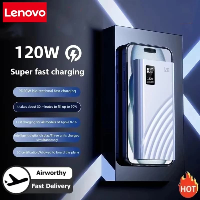 Batteria esterna Lenovo da 200000 mAh, ricarica super veloce da 120 W, batteria esterna di grande capacità con display digitale a LED per iPhone