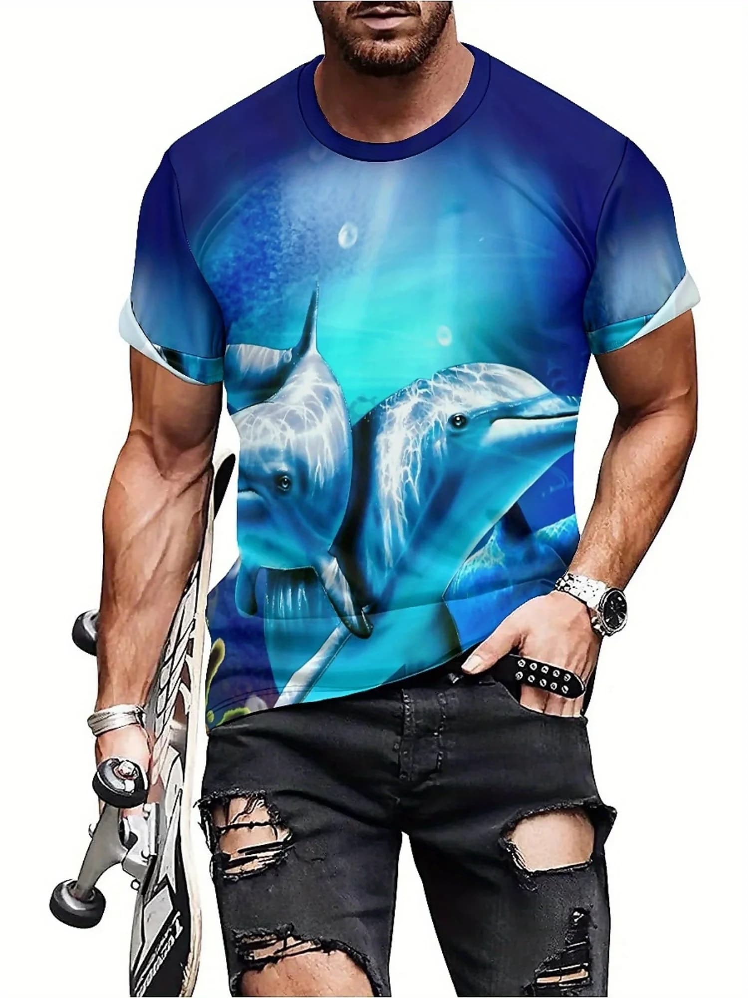 T-shirt da uomo con stampa di delfini animali oceanici, maglietta casual a maniche corte con girocollo, top grafico estivo per l'uso quotidiano e del fine settimana