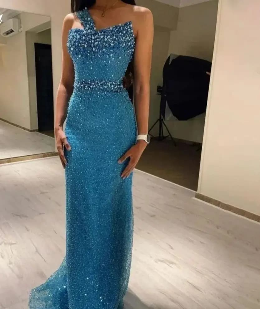 Abiti da Sera Personalizzati Blu Splendenti con Strass Monospalla Senza Maniche con Perle e Paillettes Stile Sirena per Feste
