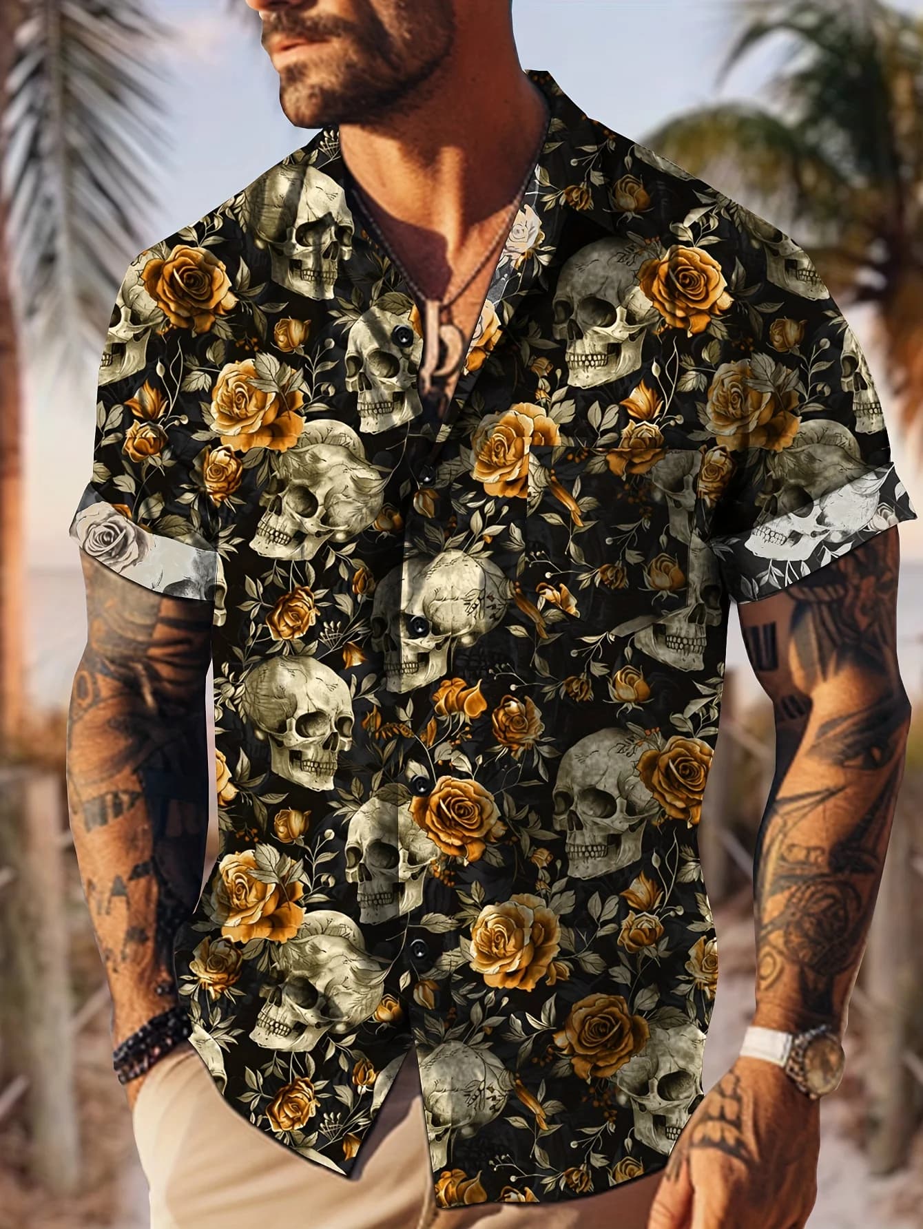Men Short Sleeve Button Down Shirt Vintage Skull Golden Rose Floral Print Polyester Casual Halloween Party Blouse