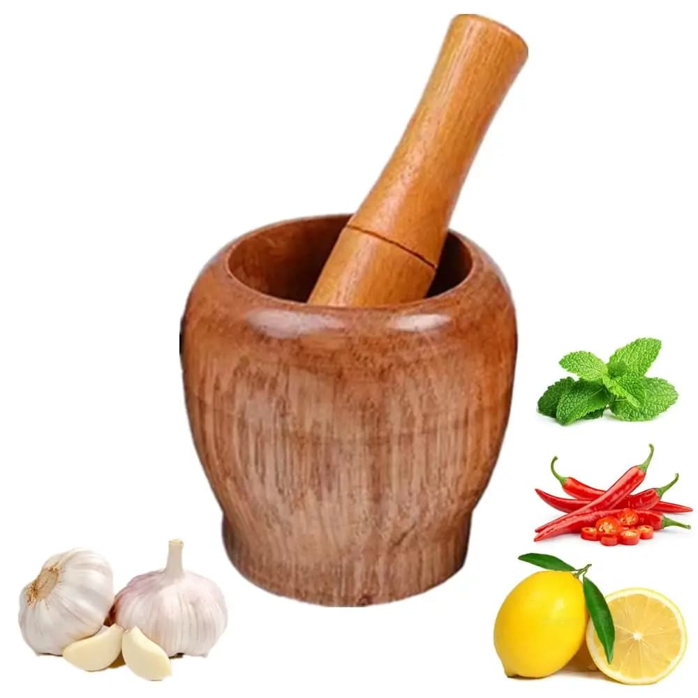 Set di Mortaio e Pestello in Legno per Schiacciare Aglio e Zenzero, Macinino per Erbe e Spezie per Cucina