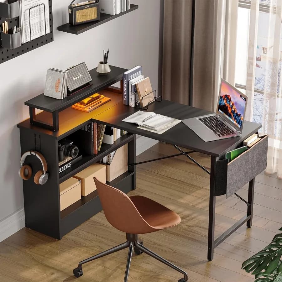 Small L-shaped desk with LED lights 42 Reversible computer desk with open storage cabinet Monitor support Corner desk with S side