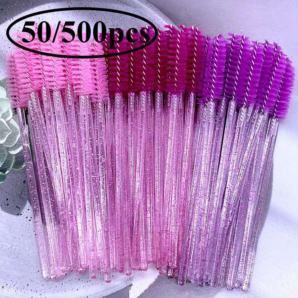 50/500Pcs Crystal Eyelash Makeup Brush Diamond Handle Mascara Wands Eyelash Extension Tool Disposable Spoolie Wands for Mascara