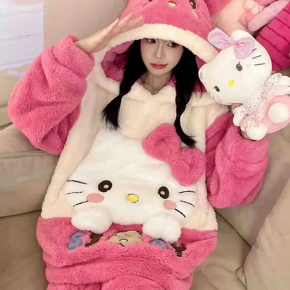 Hello Kitties Kuromi Women's Cartoon Long Sleeve Warm Coral Velvet Pajama Girl Cute and Comfortable Warm Home Clothing Set Gift