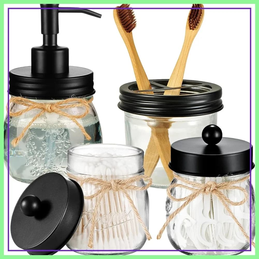 Set di Accessori Bagno Stile Rustico 4 Pezzi - Dispenser Sapone, 2 Porta Cotone Idrogel, Porta Spazzolino - Arredo Rustico per la Casa