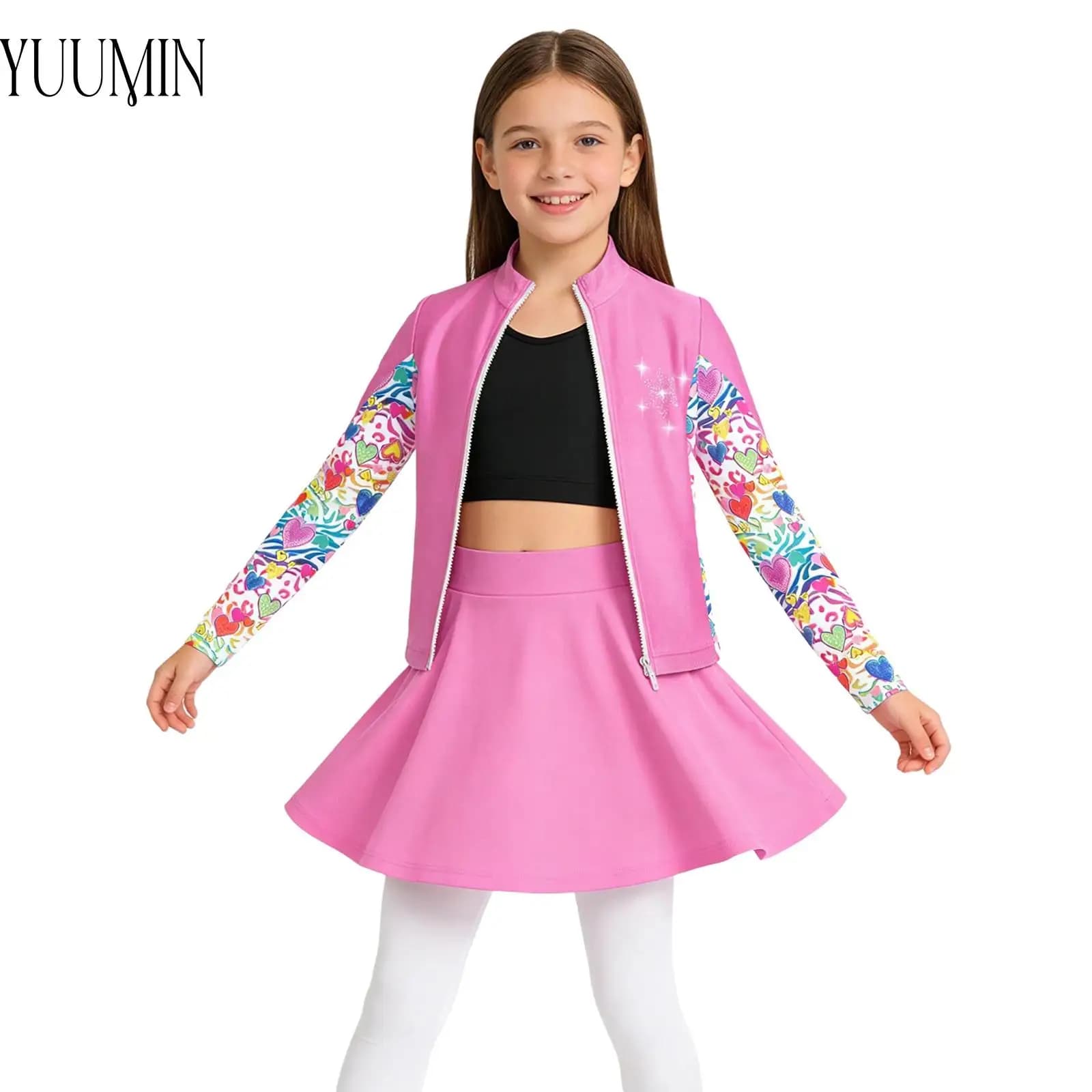 Completo per Pattinaggio Artistico su Ghiaccio per Bambine, Abbigliamento Sportivo con Cerniera, Manica Lunga, Stampa Fiocchi di Neve con Strass, Set Felpa+Gilet+Gonna