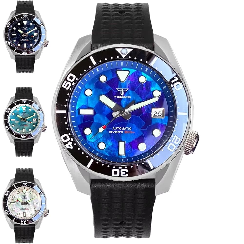 Tandorio 42.5mm Japan NH35A Auto 20ATM Diver Men Watch Sapphire Glass Lume Rubber Strap MOP dial Date Rotating Bezel 3.8 o'clock