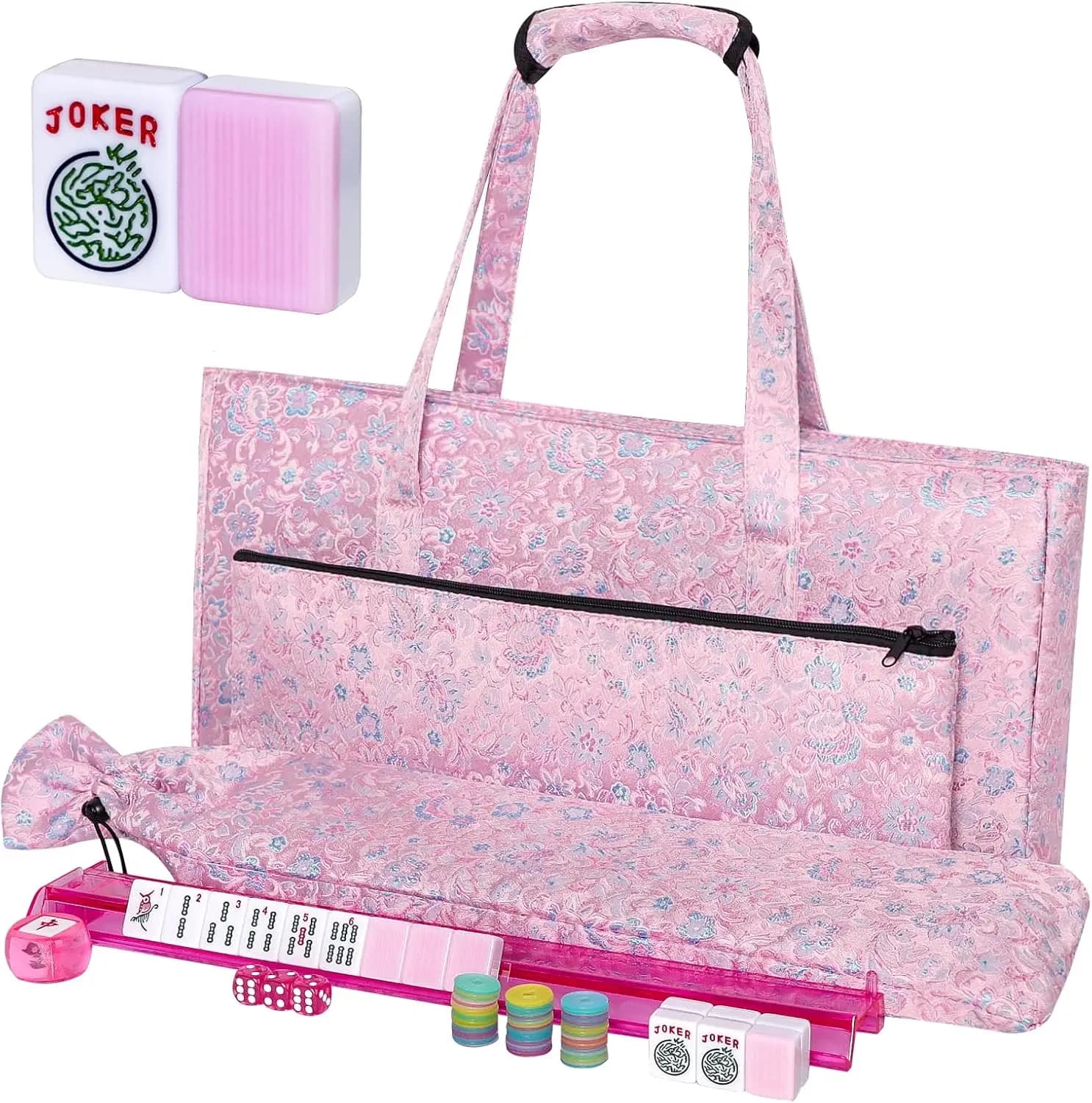 Set da gioco Mahjong americano con 166 tessere rosa, borsa, accessori e 4 supporti/spingitori tutto in uno