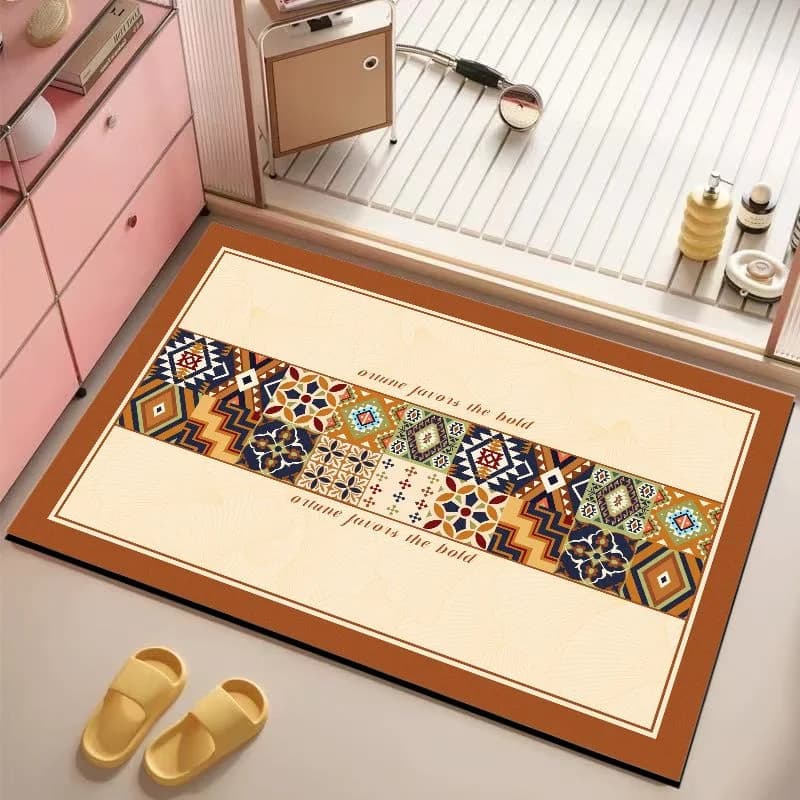 VIKAMA Vintage Geometric Bathroom Mat, Aztec Pattern with Terror Tones, Non-slip and Absorbent with Quote for Modern Bathroom Furniture