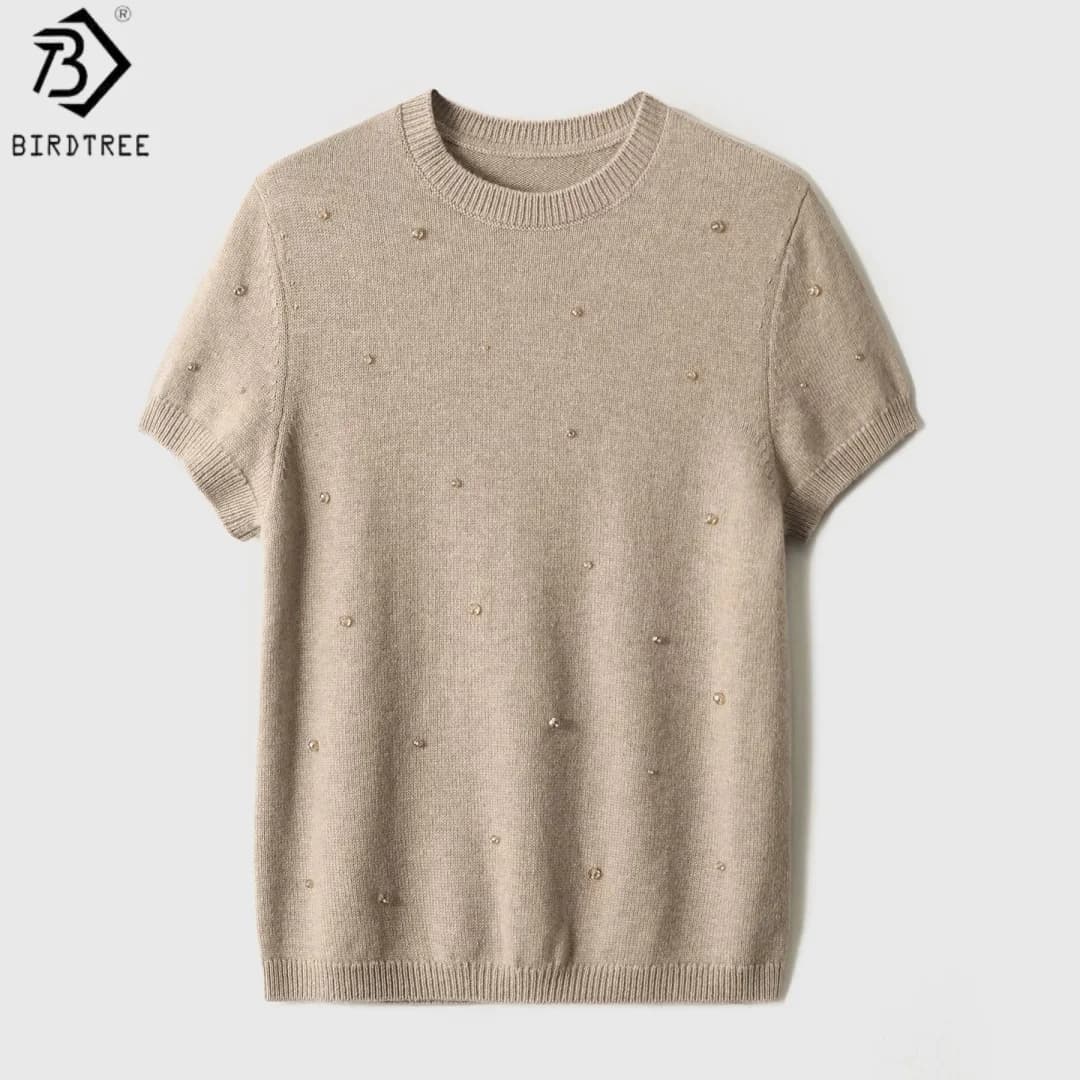 Birdtree, 90% Sheep Wool 10% Cashmere Sweater, Short Sleeve O-neck Top, Women Knitted Beading Knitwear, 2026 Autumn New T67032JF