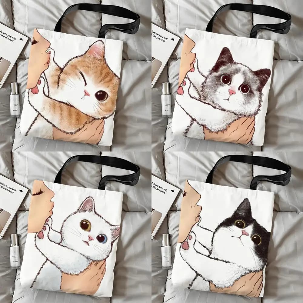 Borsa a tracolla in tela con stampa fronte-retro "Kissing the cat", riutilizzabile ed ecologica, per lo shopping