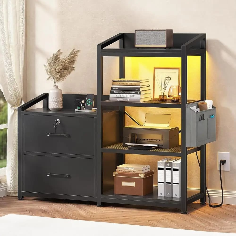 Cabinet with Power Strip, LED Lights, Lock, Open Shelf, Black, Letter/A4 Size, 2 Drawers for Home Office