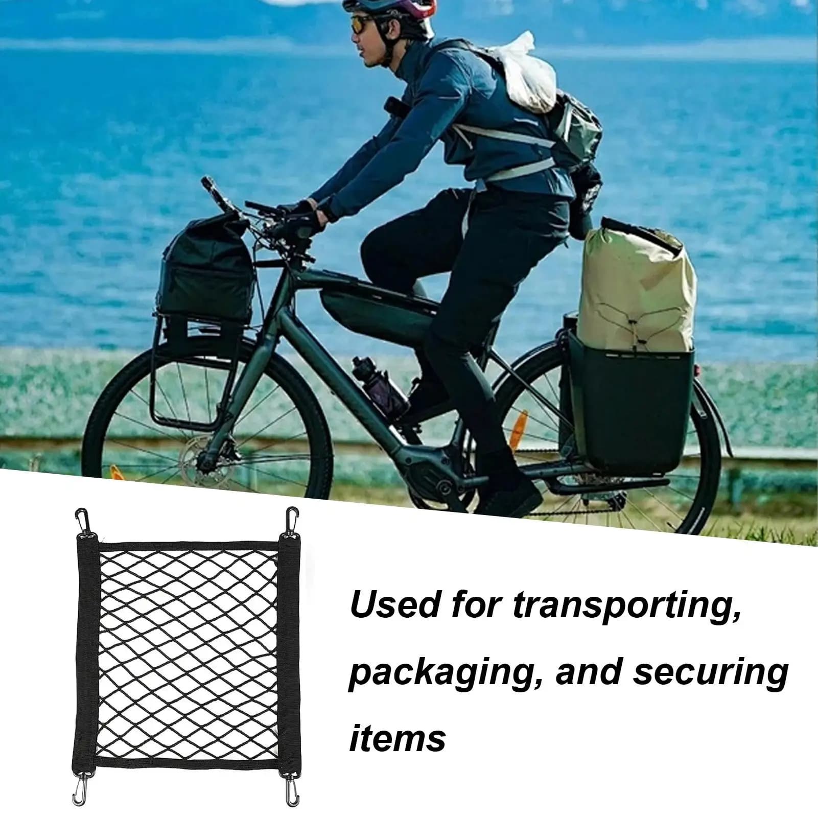 Rete da carico per bici regolabile, compatta, con cinghie di fissaggio rinforzate, per moto, e-bike, casco, campeggio, arrampicata, equitazione, strada