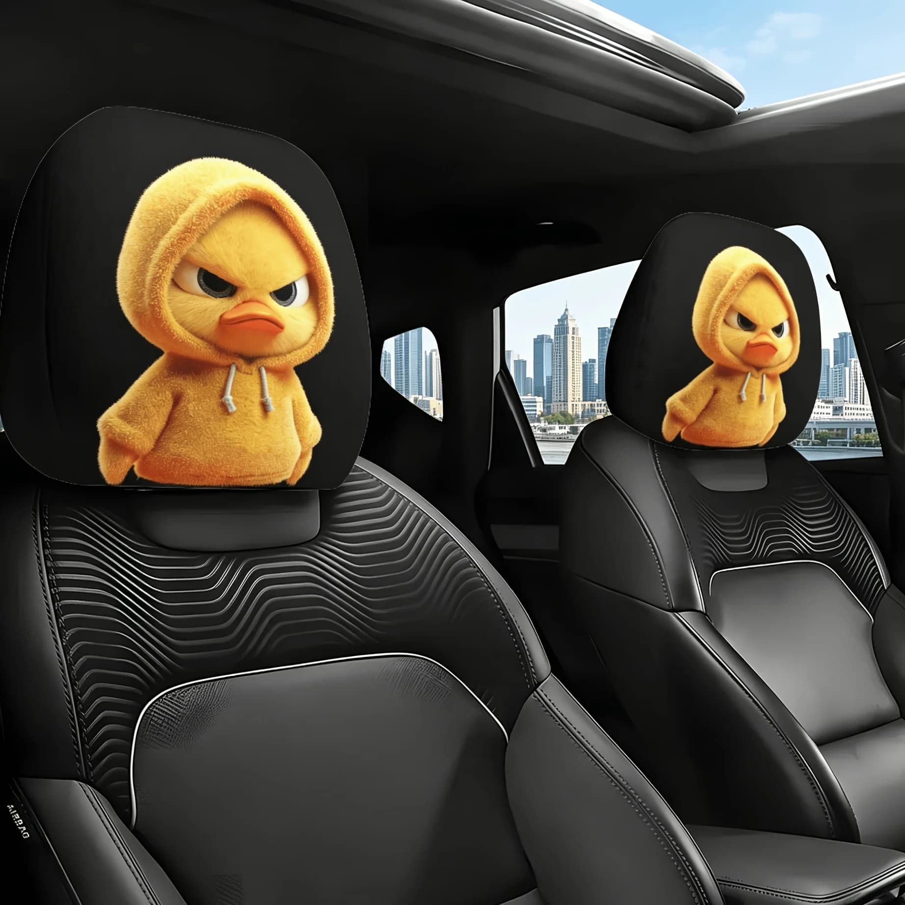 Cute cartoon car headrest sleeve with unique pattern. Protect original headrest from dirt and wear, slip‑on design, no extra too