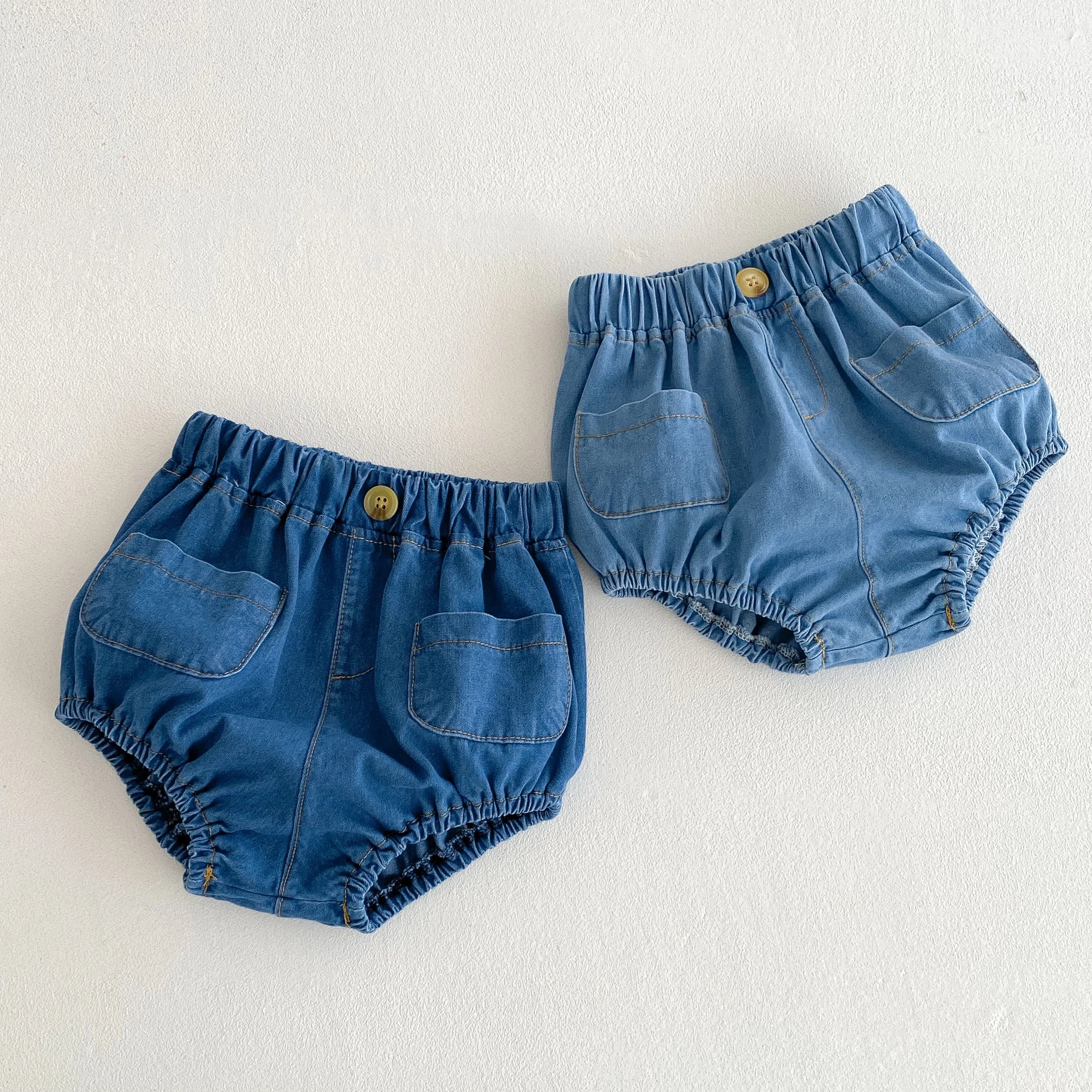 Pantaloncini Bloomer in denim per bambini Pantaloncini estivi per bambina da bambino Pantaloni con 2 tasche Pantaloncini casual per bambini per 3m 6m 12m 24m 3t
