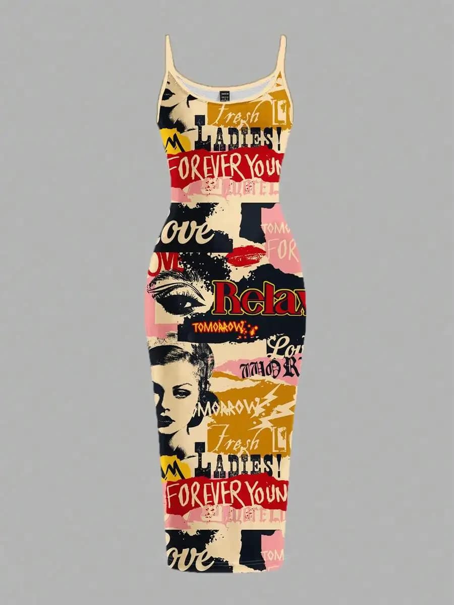 Abito casual senza maniche con stampa poster vintage per festival musicali