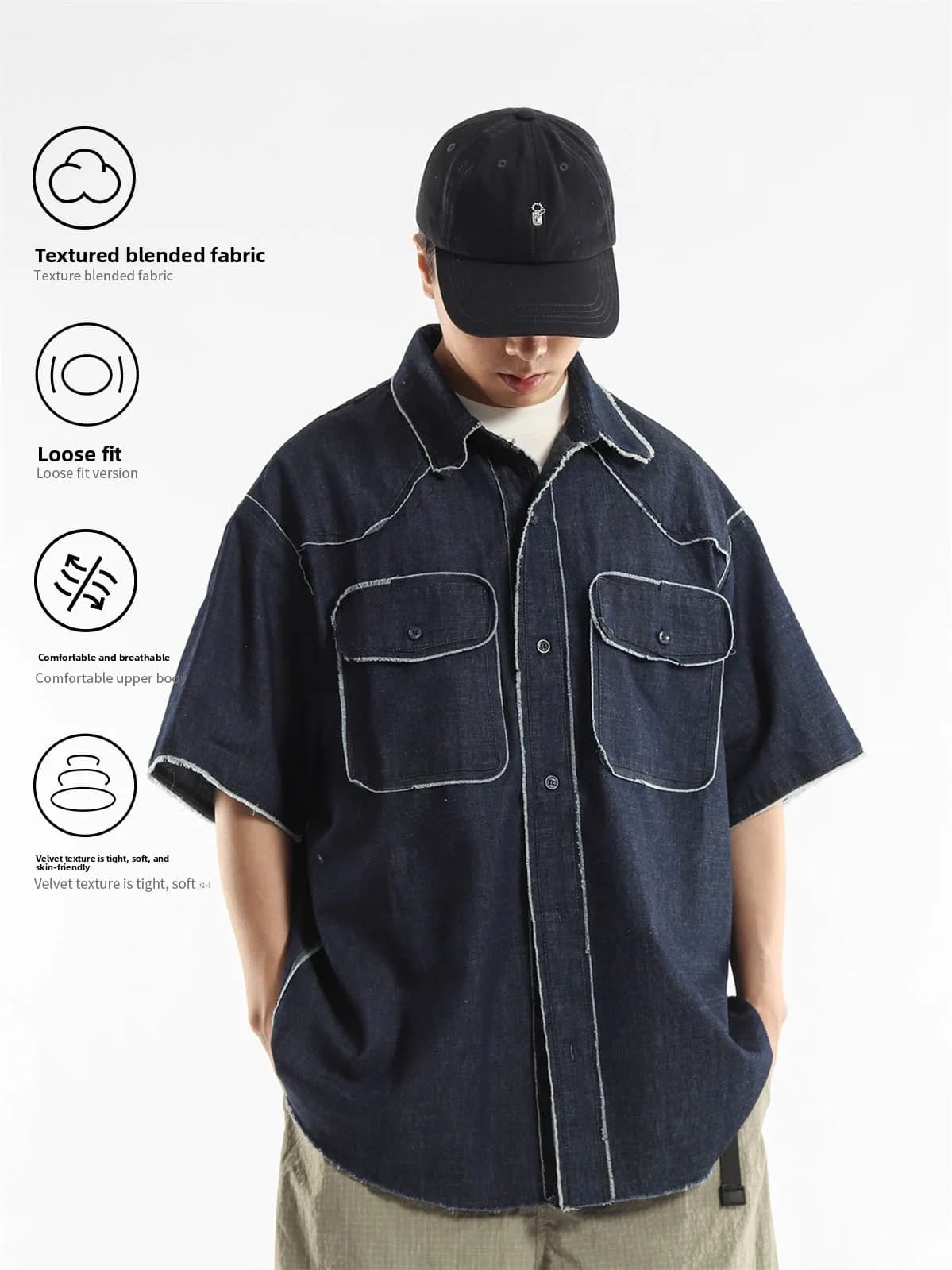 Unnoticed Original Design Summer New Small Trendy Jeans Washed Loose Men's Shirt American Style Short Sleeve Pure Color