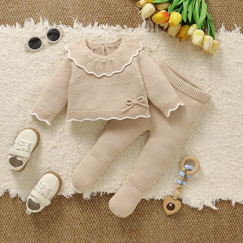 Baby Clothes Sets Winter Beige Long Sleeve Knit Newborn Sweater Pullover+Leggings Outfits 2pcs Infant Knitwear Fall Toddler Suit