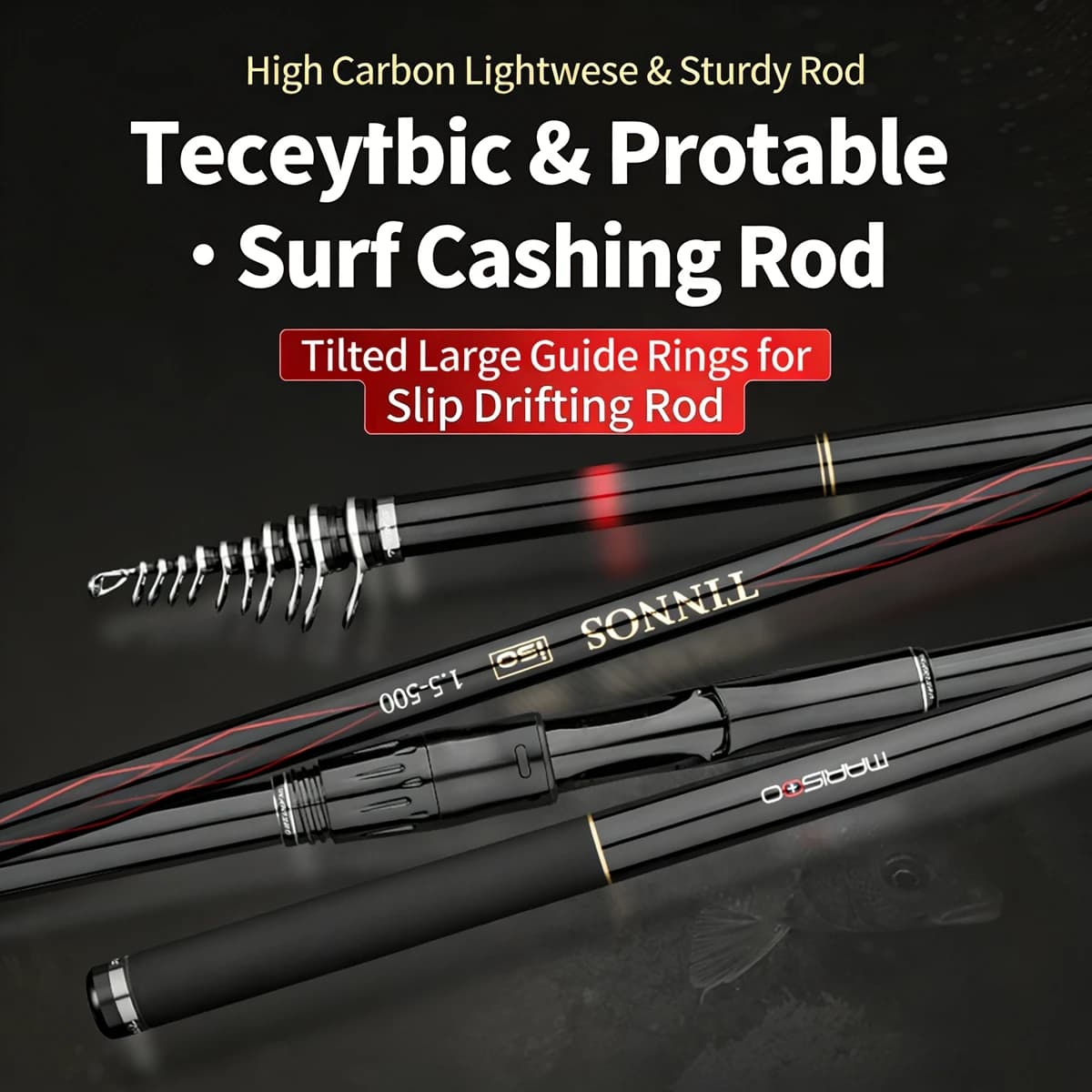 Canna da Pesca Surfcasting MARISOO TINNOS 30T in Fibra di Carbonio Ultra-Rigida Adatta per la Pesca da Riva - Snapper/Orata
