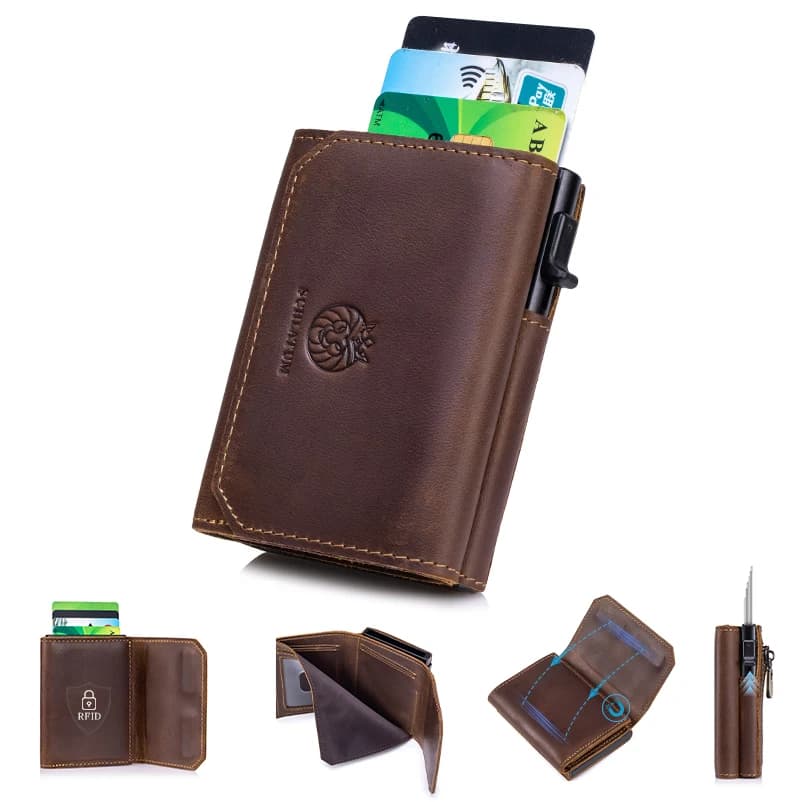 RFID Blocking Pop Up Card Trifold Wallet For Men Vintage Top Grain Real Leather Male Coin Purse Cross Border Leather Money Clip