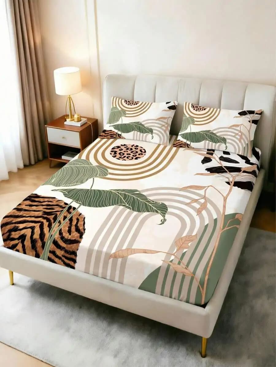 1 Pezzo Lenzuolo con Angoli Boho con Stampa di Foglie Tropicali e Motivo Leopardato, Protezione Materasso Morbido, Delicato sulla Pelle, Antiscivolo