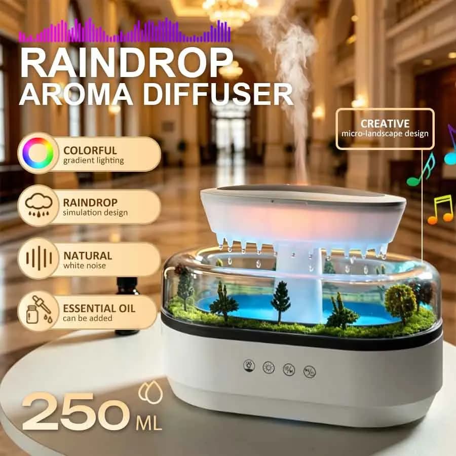 Raindrop Aroma Humidifier, 7 Color Light, White Noise, 250ml, Essential Oil Diffuser, Quiet Mist, Miniature Landscape Desk Decor
