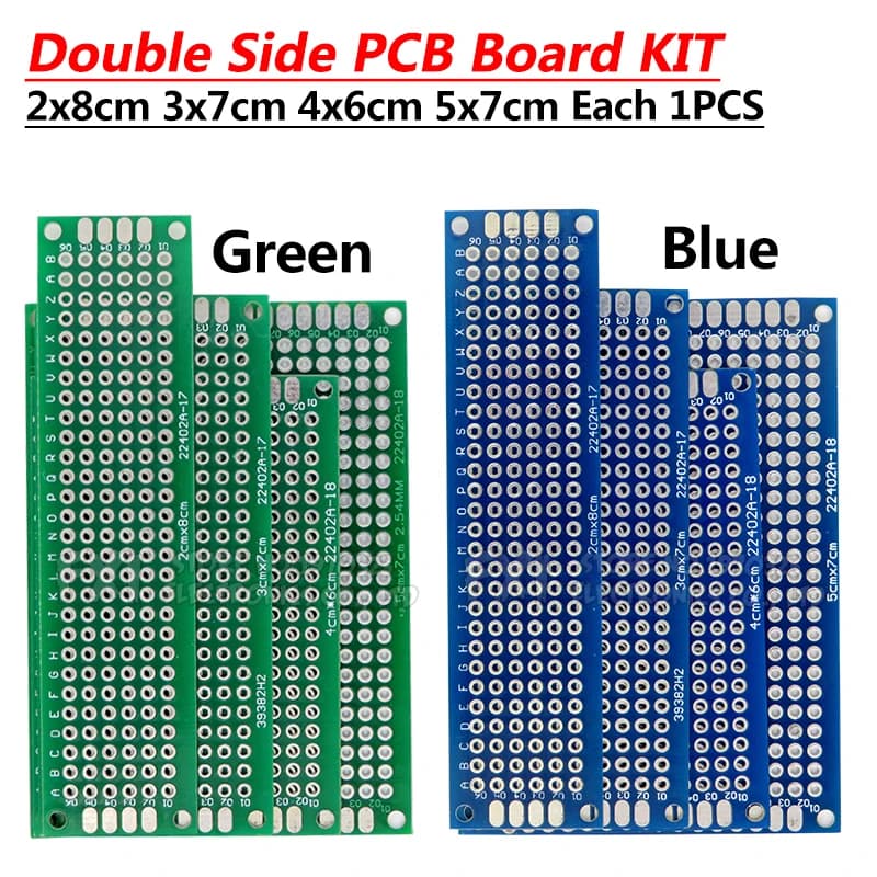 4 pz/lotto 5x7 4x6 3x7 2x8 cm blu verde doppio lato rame prototipo pcb bordo universale kit piastra circuito per Arduino