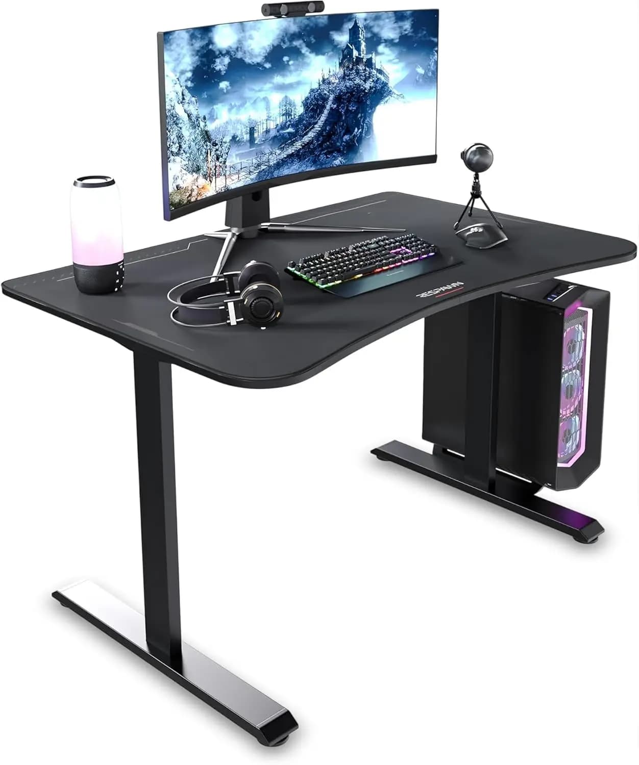 Scrivania da gioco ergonomica da 48 pollici con gestione dei cavi, superficie completa del tappetino per mouse, robusto workstation per ufficio domestico - Nero