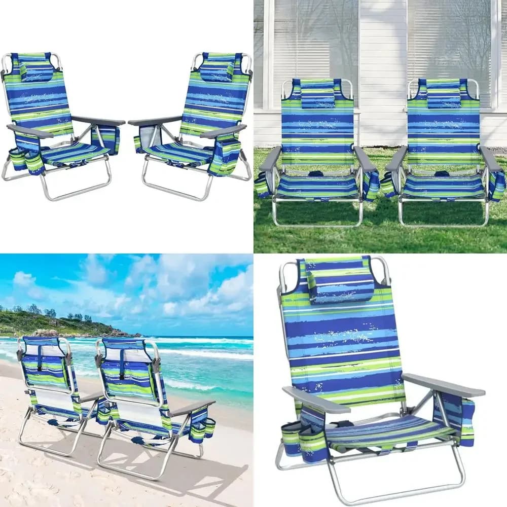 Sedie da spiaggia pieghevoli con posizioni regolabili, cuscino per la testa, borsa portaoggetti, portasciugamani, portabicchieri, sedie a sdraio da patio per esterni