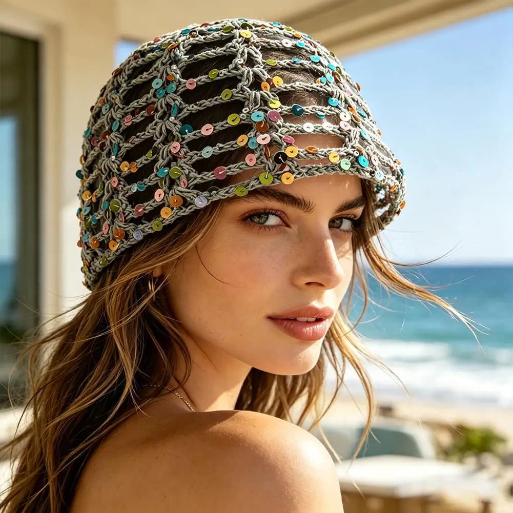 Nuovo Cappello Pullover Coreano Y2K con Paillettes e Rete Traforata per Donna, Traspirante ed Elegante, Estivo, Luccicante, all'Uncinetto